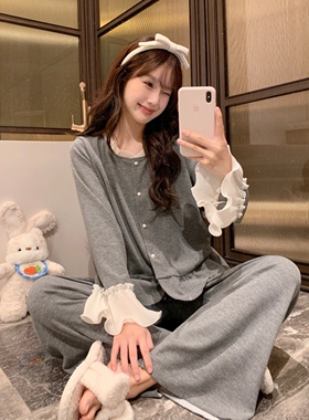 韩版简约保暖薄绒睡衣女秋冬季2025新款花边开衫长裤两件套家居服