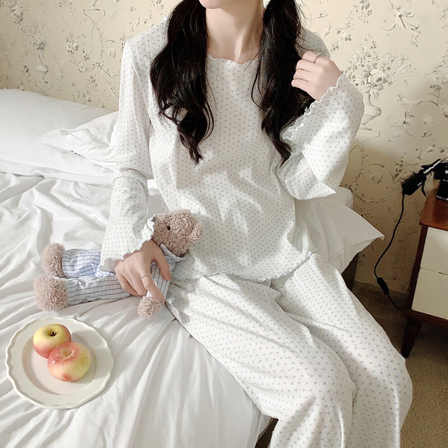 韩系小爱心印花针织睡衣春秋女甜美圆领长袖长裤宽松两件套家居服