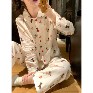 可爱蝴蝶结狗狗双层纱睡衣女春秋季长袖长裤翻领开衫两件套家居服