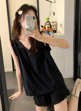 法式v领全棉吊带背心睡衣女款2024新款夏季无袖长裤家居服两件套