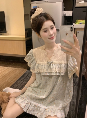 韩版甜美格子小碎花棉麻睡衣女夏季娃娃花边领短袖短裤套装家居服