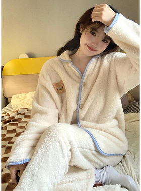 卡通小熊珊瑚绒睡衣女秋冬季2023新款加厚舒适毛绒可爱家居服套装