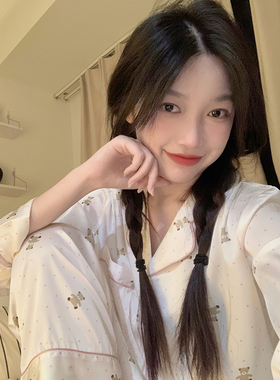 甜美卡通小熊冰丝翻领睡衣女春秋季长袖长裤开衫可外穿家居服套装