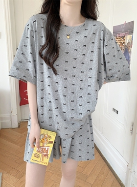 韩系休闲简约蝴蝶结睡衣女款夏慵懒宽松短袖短裤可外穿套装家居服