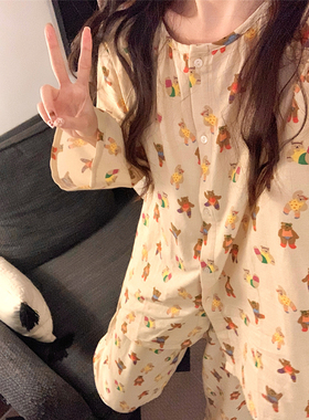 可妮兔卡通小熊可爱春秋季全棉睡衣女款圆领长袖长裤可外穿家居服