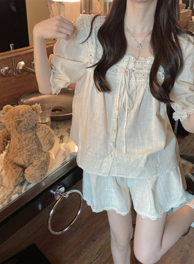 甜美公主风蕾丝薄款全棉睡衣女款2024新款夏季短袖短裤家居服套装