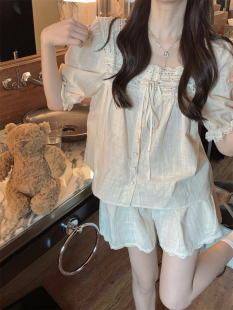 短裤 夏季 短袖 家居服套装 全棉睡衣女款 甜美公主风蕾丝薄款 2024新款