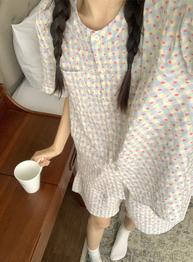 韩系简约格子棉麻睡衣女夏季2024新款减龄短袖短裤两件套装家居服