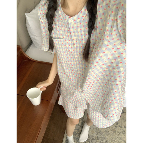 简约格子棉麻睡衣女夏季2024新款