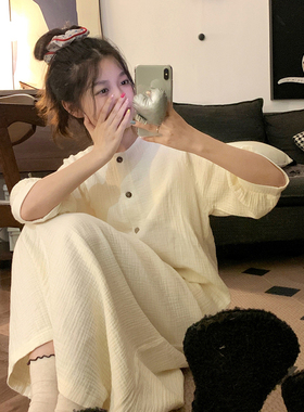 简约棉麻长袖睡裙女春秋款纱布薄款透气素雅甜美宽松连衣裙家居服