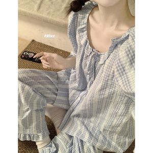 韩版娃娃领蓝格子睡衣女春秋季2024新款可爱甜美泡泡袖长袖家居服