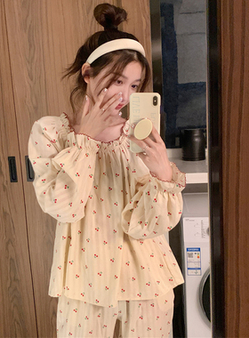甜美可爱樱桃睡衣女春秋季2023新款宽松长袖睡裙可外穿家居服套装