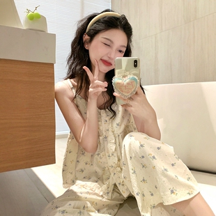 夏日甜美小碎花带胸垫吊带睡衣女款夏季背心长裤可外穿家居服套装
