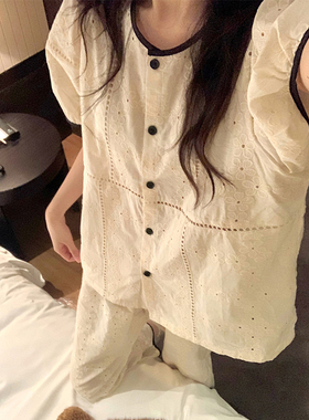 法式气质小香风蕾丝透气睡衣女夏季镂空绣花短袖长裤家居服两件套