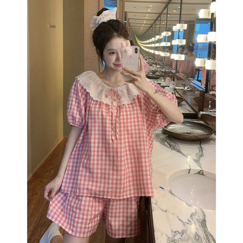 公主风格子花边睡衣女夏季