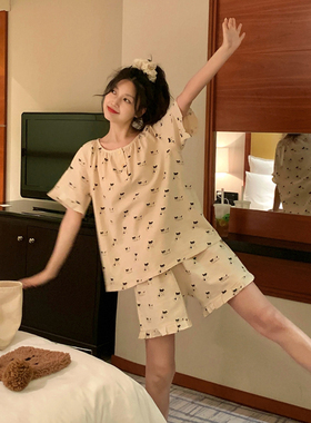 趣味可爱小狗全棉睡衣女2024新款夏季圆领短袖宽松睡裙家居服套装