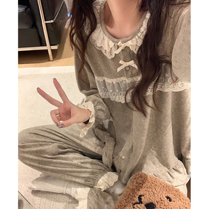 甜美蕾丝花边保暖舒适毛巾绒睡衣女秋冬季新款柔软舒适家居服套装