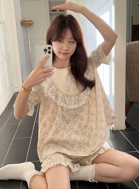 宫廷风碎花双层纱布睡衣女款夏可爱蕾丝花边圆领短袖两件套家居服