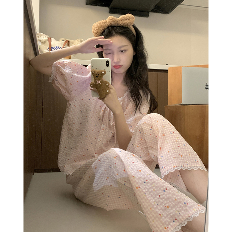 格子小碎花棉麻睡衣女款夏季