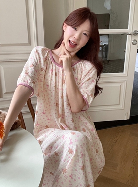 甜美可爱小粉熊纯棉纱睡裙女款夏季蝴蝶结圆领短袖少女宽松家居服