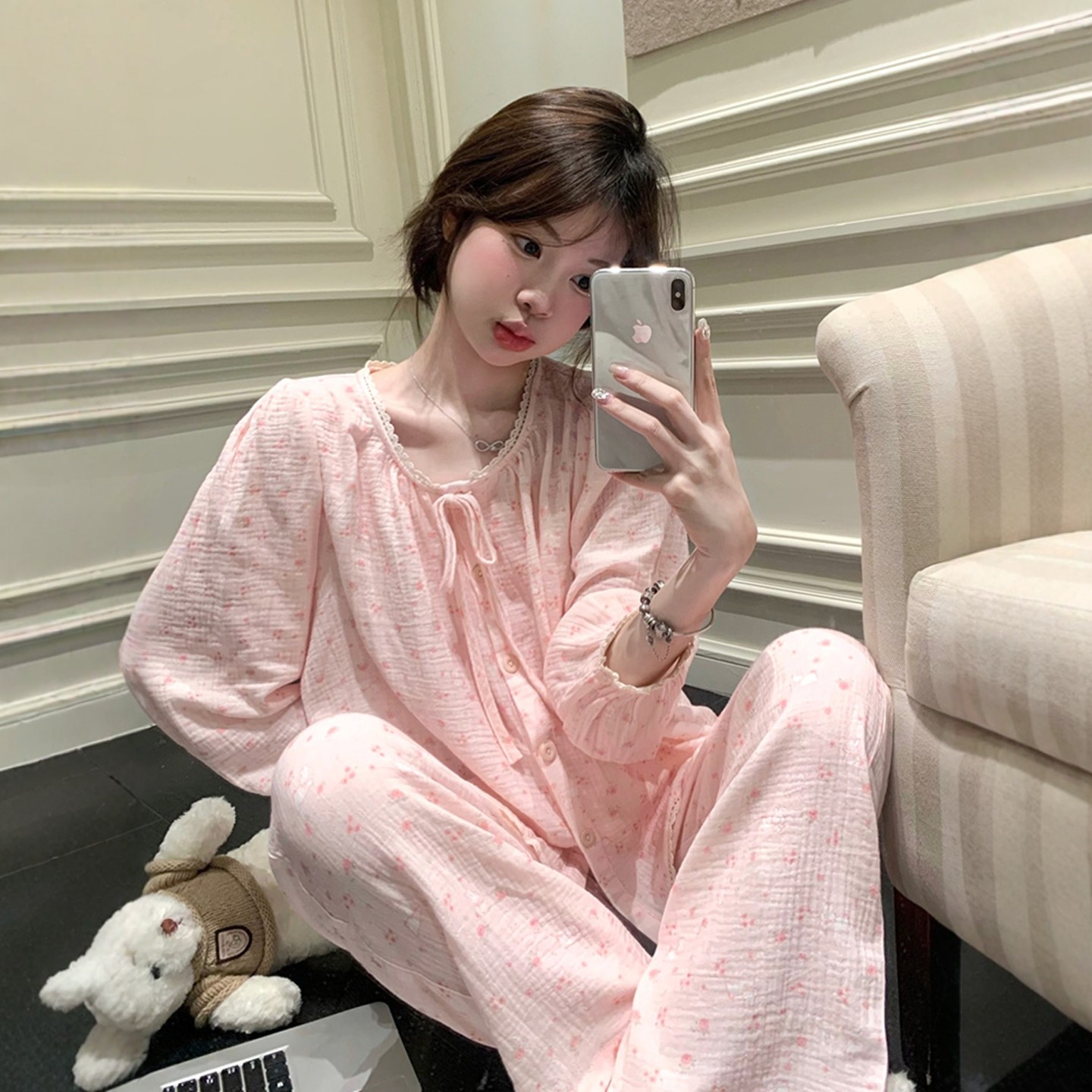 少女甜美碎花棉纱长袖睡衣女春秋图片