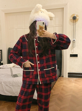 新年格纹磨毛睡衣女秋冬季可爱娃娃领长袖宽松开衫外穿家居服套装