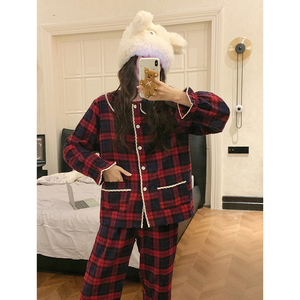 新年格纹磨毛睡衣女秋冬季可爱娃娃领长袖宽松开衫外穿家居服套装