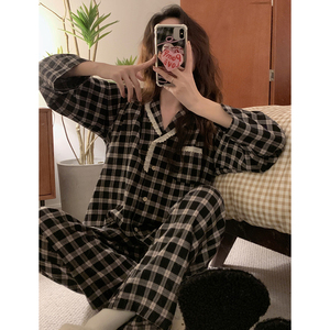 韩版格子休闲磨毛睡衣女秋冬季甜美慵懒风翻领开衫长袖家居服套装