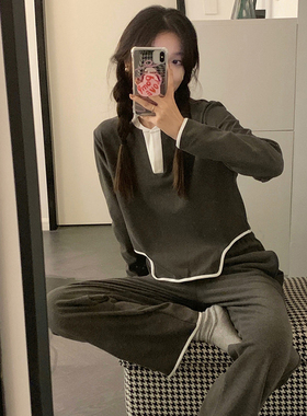韩版简约德绒v领睡衣女秋冬季休闲长袖长裤修身可外穿家居服套装
