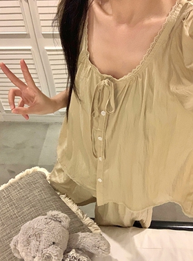 甜美蕾丝花边圆领睡衣女款夏季少女简约短袖短裤开衫两件套家居服