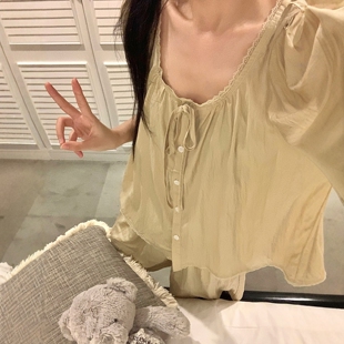 甜美蕾丝花边圆领睡衣女款夏季少女简约短袖短裤开衫两件套家居服
