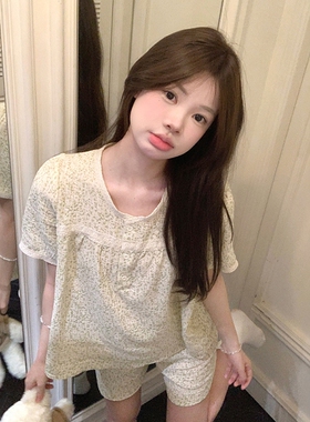 甜美田园风小碎花棉纱睡衣女款夏季少女蕾丝边短袖开衫家居服套装