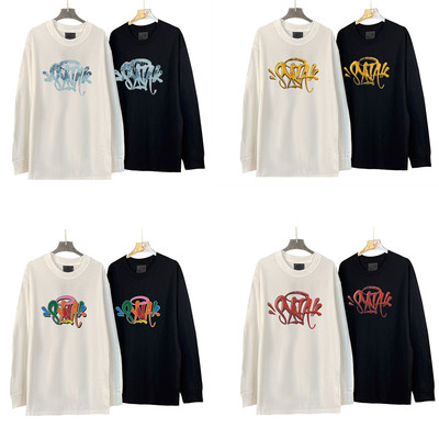 美式风SYNA字母印花长袖T恤男女宽松圆领重磅纯棉上衣潮牌打底衫