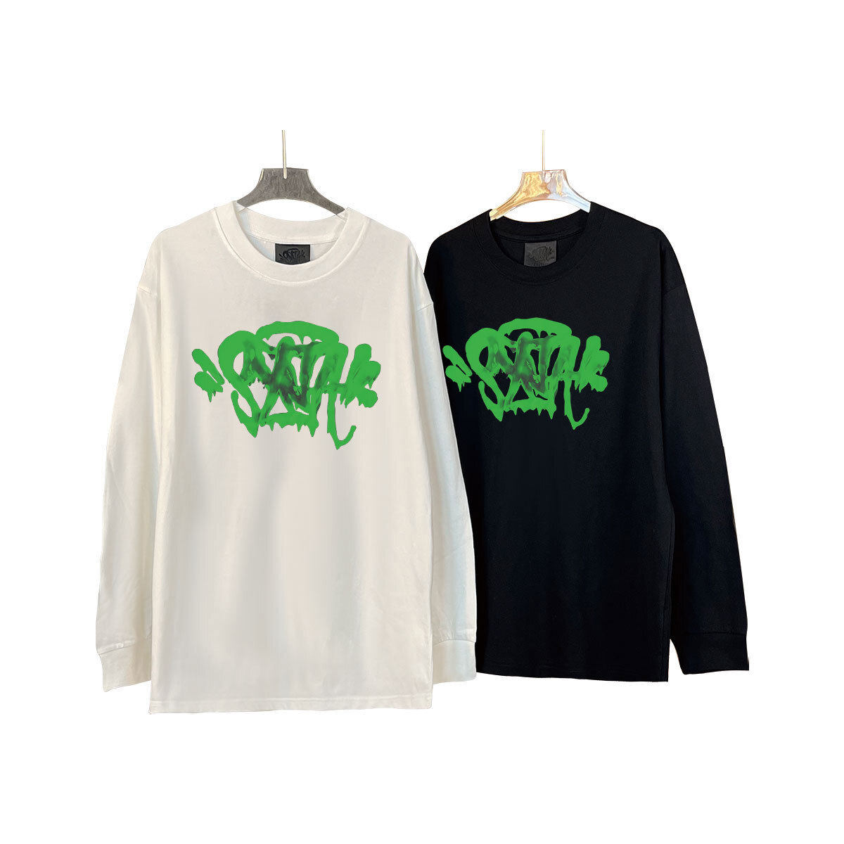美式复古SYNA WORLD绿印花长袖T恤男女宽松圆领重磅纯棉上衣潮牌
