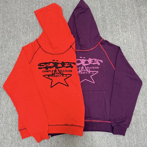 Sp5der连帽卫衣星星字母印花美式街头潮牌紫色外套休闲套头衫男