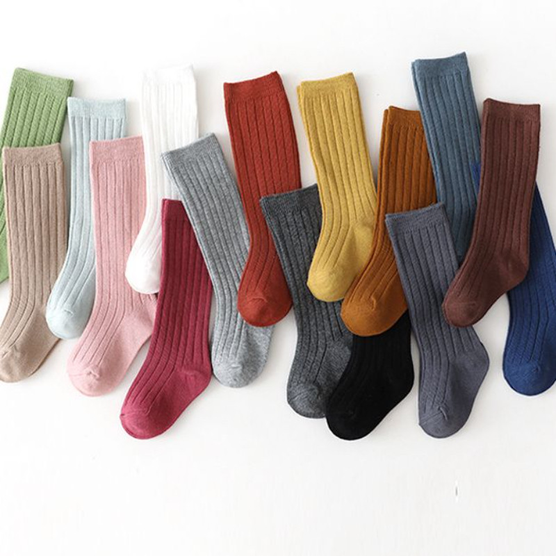 ins风儿童宝宝素色中长筒袜学生双针竖条纹运动袜上学日常