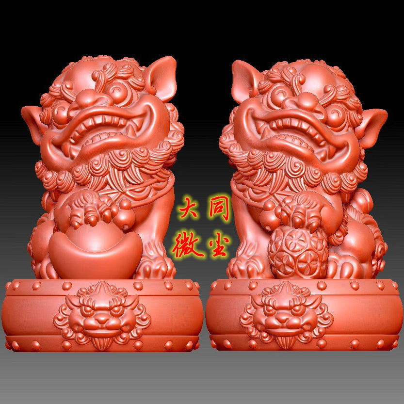 圆雕图雕刻机3D打印素材STL格式模型图OBJ 招财进宝狮子鼓