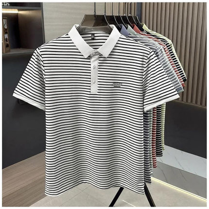 男士高品质短袖Polo衫夏季新款时尚休闲翻领锦氨色织条纹高档T恤
