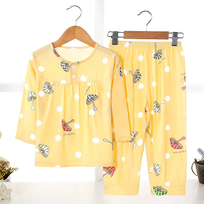 CHILDRENS PAJAMAS GIRLS SUMMER THIN COTTON SILK LONG-SLEEVED BABY AIR CONDITIONING HOME CLOTHES COTTON SILK GIRLS PAJAMAS SET