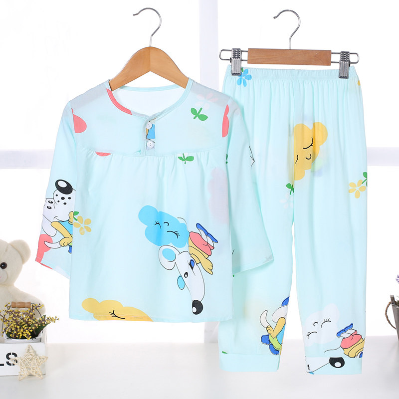 CHILDRENS PAJAMAS GIRLS SUMMER THIN COTTON SILK LONG-SLEEVED BABY AIR CONDITIONING HOME CLOTHES COTTON SILK GIRLS PAJAMAS SET