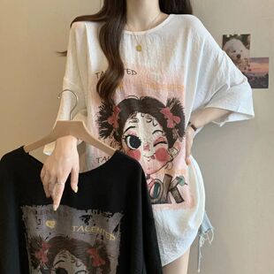 卡通印花遮屁股打底衫 大码 显瘦中长款 冰丝T恤女夏季 上衣 胖mm短袖