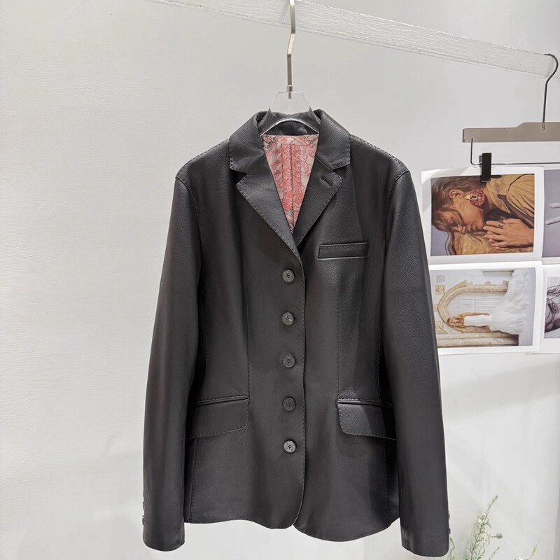 2026年春季新款进口小羊皮中古西装皮衣外套女皮夹克外套宽松显瘦