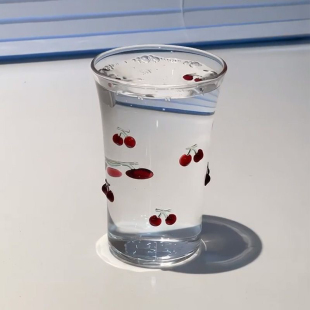ins风手绘立体樱桃高颜值家用喝水杯子咖啡杯耐高温玻璃水杯女生