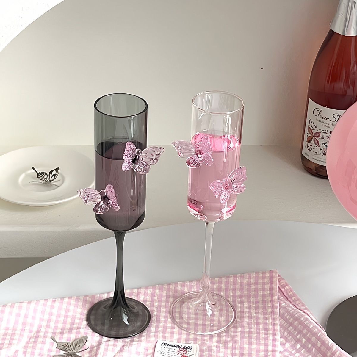 ins风高脚杯蝴蝶香槟杯高颜值玻璃杯家用甜酒杯红酒杯