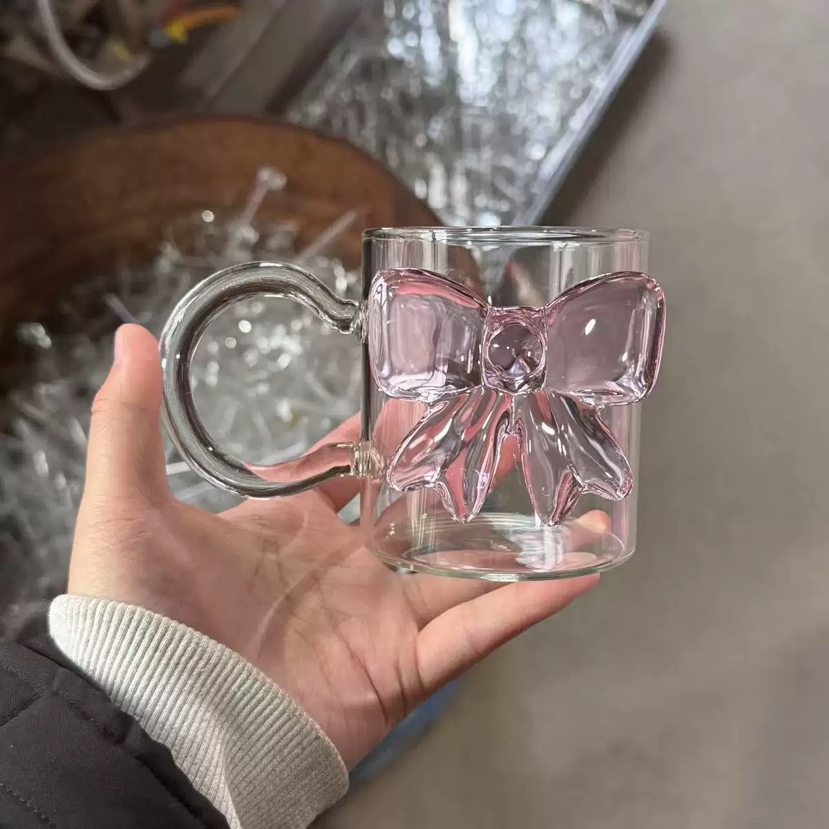 蝴蝶结玻璃杯家用喝水的杯子耐高温咖啡杯女生办公室夏季水杯可爱