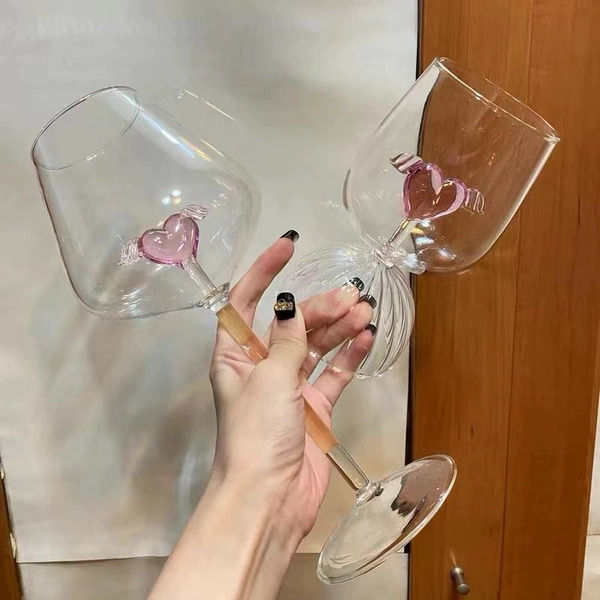 个性丘比特粉红爱心红酒高脚杯氛围感爱心杯 婚庆酒杯鸡尾酒杯