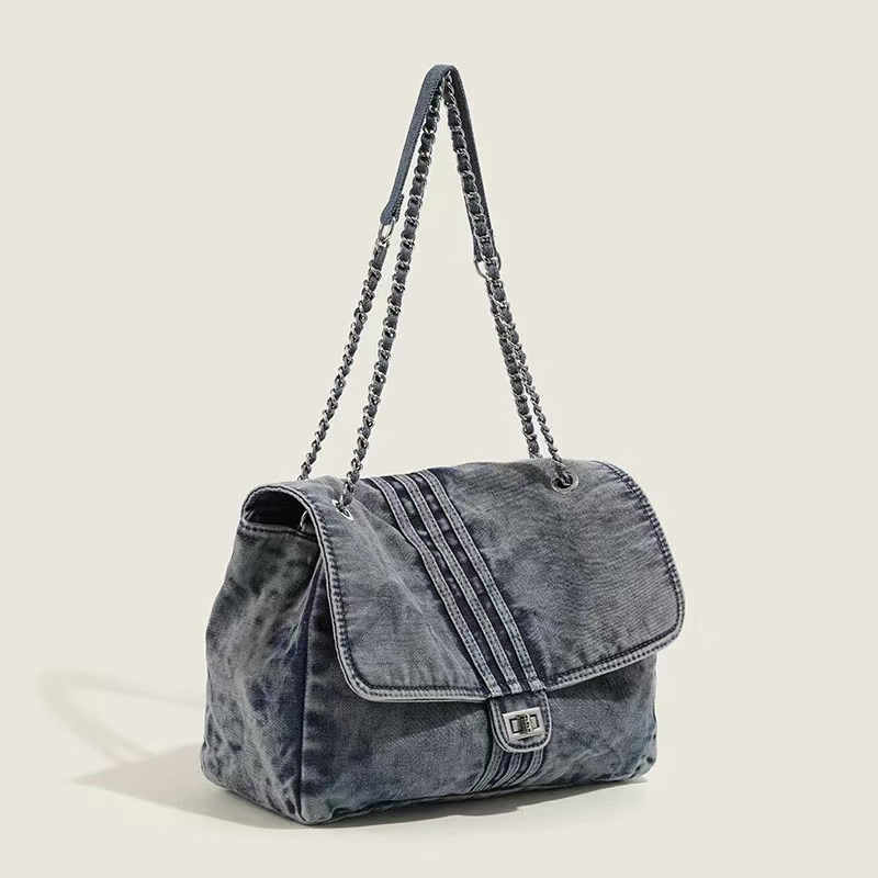 设计感小众牛仔布链条包女2025新款大容量斜挎包通勤单肩托特包女