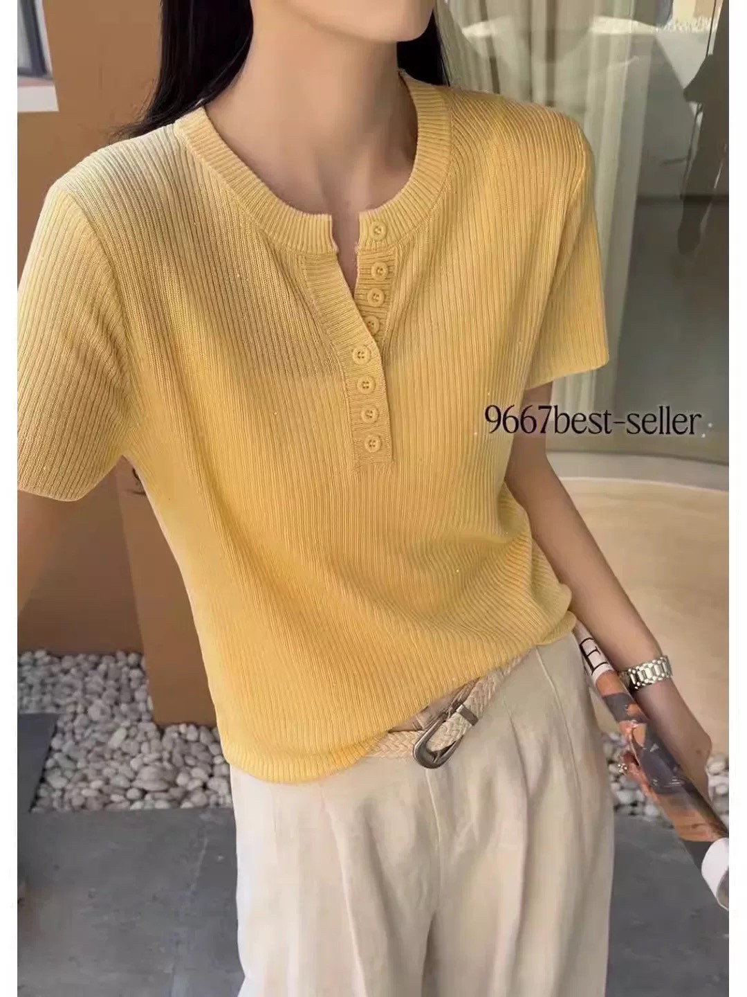 亮片纯色剪刀领短袖针织衫女显瘦毛衣上衣莱赛尔天丝夏季时尚修身图片