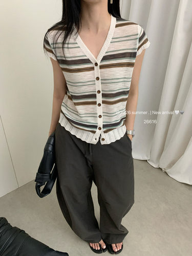 Sugar正品2026夏季新品V领纽扣显瘦条纹冰丝麻针织短袖上衣女
