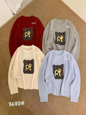 羊毛100%秋冬款圆领长袖卡通猫咪提花图案针织羊毛衫上衣宽松2025